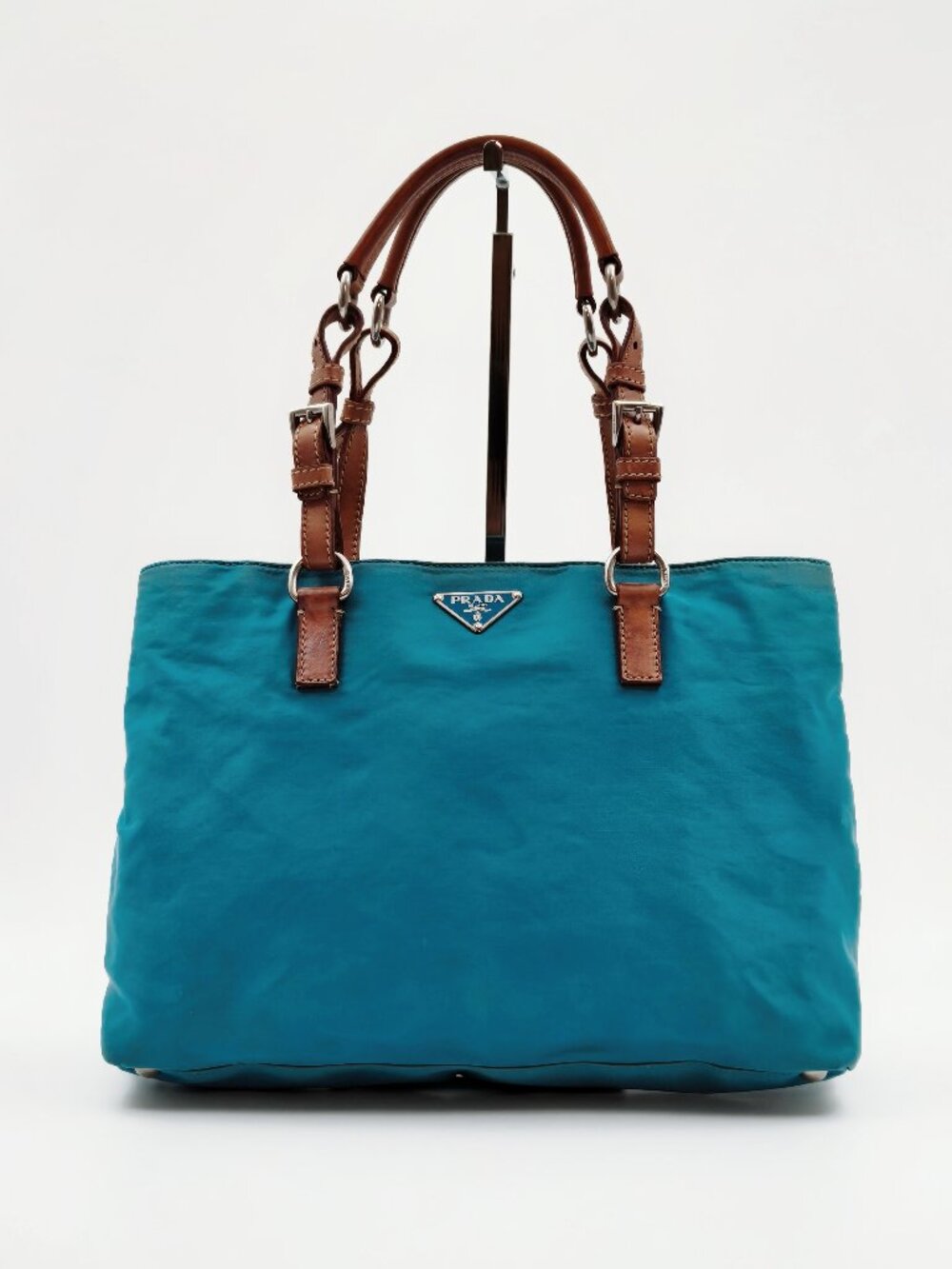 Prada Turquoise Blue Nylon Tote Bag Brown Leather Handles Vintage Shoulder Bag